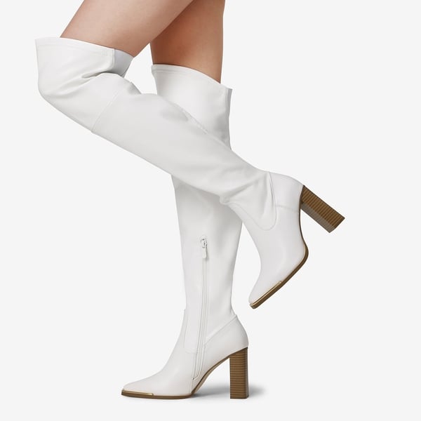 Square Toe High Heel Over The Knee Boots - WHITE PU - 1